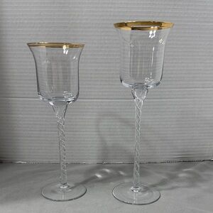 Vintage Crystal Clear Votive Candleholders Gold Rim Twisted Swirl Stem Set of 2